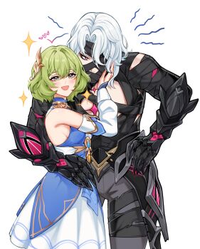 1boy 1girl absurdres arm_around_waist arms_at_sides bandage_in_mouth bandage_on_face bandage_on_forehead bandage_over_one_eye bandaged_arm bandaged_hand bandaged_leg bandaged_stomach bandaged_torso bandages baobeibai black_bandages blue_collar blue_dress blue_gemstone blush breasts bright_pupils claws collar collared_dress couple curtained_hair detached_sleeves dress eyelashes eyeshadow fingernails gem genshin_impact gold green_eyes green_hair grey_eyeshadow grey_pants hair_between_eyes hair_intakes hair_ornament hair_over_one_eye hand_on_another&#039;s_face hand_on_own_hip head_down heart height_difference hetero highres hole_in_chest hole_on_body jewelry large_pectorals layered_dress looking_at_viewer makeup mandarin_collar medium_breasts neck_ring open_mouth pants pectorals red_eyes rerir_(genshin_impact) sideboob sparkle tholindis_(genshin_impact) tsurime vambraces white_background white_dress white_hair white_pupils white_sleeves yellow_gemstone