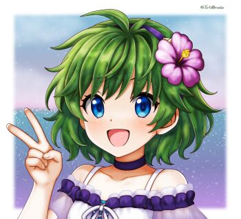 1girl absurdres blue_eyes dinjo fire_emblem fire_emblem:_the_blazing_blade fire_emblem_heroes flower green_hair hair_flower hair_ornament highres looking_at_viewer nino_(fire_emblem) nintendo open_mouth short_hair smile solo summer swimsuit v
