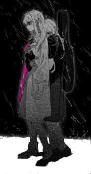 2girls bang_dream! bang_dream!_it's_mygo!!!!! commentary greyscale guitar_case hair_ornament hair_ribbon hairclip highres holding holding_umbrella hug hug_from_behind instrument_case instrument_on_back long_hair monochrome multiple_girls plaid_clothes plaid_skirt purple_umbrella rain ribbon school_uniform sidelocks skirt spot_color sssakanaaa togawa_sakiko tsukinomori_school_uniform umbrella wakaba_mutsumi