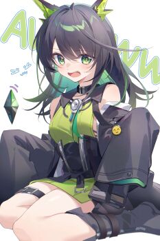 >_< 1girl ^_^ absurdres arknights black_boots black_hair black_jacket boots breasts closed_eyes closed_mouth commentary_request crystal dress fold-over_boots green_dress green_eyes green_hair hair_between_eyes highres jacket long_sleeves looking_at_viewer mon3tr_(arknights) multicolored_hair off_shoulder open_clothes open_jacket open_mouth simple_background sitting sleeveless sleeveless_dress sleeves_past_fingers sleeves_past_wrists small_breasts smile solo text_background two-tone_hair wariza wavy_mouth white_background yunweishukuang