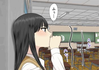 1girl absurdres black_hair blue_eyes brown_sweater_vest classroom collared_shirt commentary_request desk highres indoors long_hair original ryuusa school_desk school_uniform shirt solo speech_bubble sweater_vest translation_request white_shirt