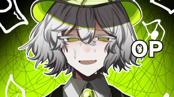 1boy :d alice_in_heaven aosoraa6 bob_cut border brooch collared_shirt colored_eyelashes commentary_request crossed_bangs gem green_background green_gem green_hat grey_hair hair_between_eyes half-closed_eyes hat highres jewelry letter letterboxed looking_at_viewer male_focus nervous_smile nervous_sweating open_mouth outline portrait scribble_background shirt short_hair smile solo straight-on sweat white_eyelashes white_outline white_shirt yellow_eyes yumeya_mangetsu
