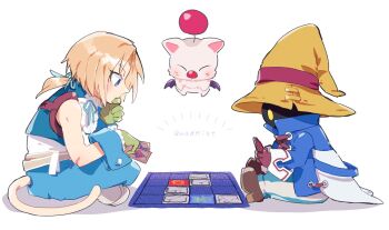 Rule 34 | 2boys, bare shoulders, belt, black mage (final fantasy), blonde hair, blue coat, blue eyes, blue pants, blue vest, blue wrist cuffs, boots, brown belt, brown boots, brown gloves, card, card game, cat tail, coat, creature, cropped vest, final fantasy, final fantasy ix, full body, gloves, green gloves, grey boots, hair ribbon, hand to own mouth, hat, highres, holding, holding card, low ponytail, moogle, multiple boys, neck ribbon, pants, parted bangs, ponytail, r1ng0cc, ribbon, shirt, short hair with long locks, sitting, striped clothes, striped pants, tail, vest, vivi ornitier, white background, white shirt, wizard hat, wrist cuffs, yellow eyes, zidane tribal