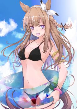 1girl :d absurdres almond_eye_(umamusume) animal_ears bikini black_bikini bow bracelet braid breasts brown_hair cloud collarbone commentary_request cowboy_shot day hair_bow hair_ornament hairband hairclip highres horse_ears horse_girl horse_tail innertube jewelry long_hair looking_at_viewer navel open_mouth outdoors purple_eyes side-tie_bikini_bottom side_braid single_braid small_breasts smile solo stomach swim_ring swimsuit symbol-shaped_pupils tail teeth transparent_innertube umamusume upper_teeth_only white_bow white_hairband x-shaped_pupils yellow_bow yumesato_makura