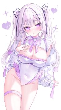 1girl blush breasts cleavage closed_mouth commentary commission covered_navel cross detached_sleeves dress english_commentary frilled_dress frills groin hair_between_eyes hair_intakes hair_ornament hair_ribbon hairclip hand_on_own_chest hand_up head_tilt heart highleg highleg_dress highres hiiragi_(hr_ccr) large_breasts long_hair long_sleeves looking_at_viewer neck_ribbon original pixel_heart purple_eyes purple_hair purple_ribbon ribbon sidelocks simple_background skeb_commission sleeves_past_wrists solo thigh_strap thighs twintails very_long_hair white_background white_dress x_hair_ornament