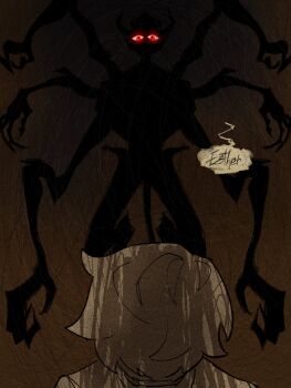 1boy 1girl abaddon_(demon)_(haunted_hotel) abaddon_(haunted_hotel) brown_background claws commentary_request demon english_text esther_freeling extra_arms ghostie1124 glowing glowing_eyes haunted_hotel highres horns korean_commentary monster red_eyes shadow short_hair spot_color