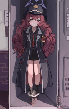 1girl armband arms_behind_back black_skirt blue_archive blue_jacket blue_shirt blush book boots collarbone collared_shirt commentary crossed_bangs full_body grey_eyes grin hair_between_eyes halo hat highres holding holding_book in_locker iroha_(blue_archive) jacket locker long_hair looking_at_viewer loose_necktie miniskirt necktie panties panties_around_ankles panty_pull peaked_cap pencil_skirt pigeon-toed red_armband red_hair red_necktie ripnte shirt sidelocks sketch skirt slit_pupils smile solo standing underwear unfinished very_long_hair wavy_hair