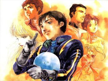 1980s_(style) 1990s_(style) 3boys 3girls amuro_ray blonde_hair bright_noa facial_hair family gigi_andalusia gundam gundam_hathaway&#039;s_flash haro hathaway_noa mecha_pilot_suit mikimoto_haruhiko military_uniform mirai_yashima multiple_boys multiple_girls mustache non-humanoid_robot oldschool painting_(medium) pet promotional_art quess_paraya retro_artstyle robot scan science_fiction traditional_media