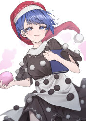 Rule 34 | 1girl, apron, black shirt, black skirt, blue eyes, blue hair, blush, book, commentary request, cowboy shot, doremy sweet, floating hair, hands up, hat, highres, holding, holding book, looking at viewer, nightcap, parted lips, pink smoke, pom pom (clothes), red hat, shirt, short hair, short sleeves, simple background, skirt, smile, smoke, solo, touhou, waist apron, wanko sora, white apron, white background