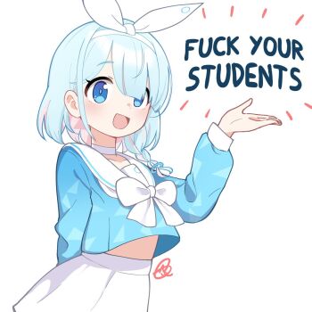 1girl arona_(blue_archive) blue_archive blue_eyes blue_hair blue_serafuku bow choker collarbone ears english_text hair_ribbon hand_up highres japanese_text junsuina_fujunbutsu leaning leaning_forward long_sleeves looking_at_viewer meme midriff nose open_mouth ribbon sailor_collar school_uniform serafuku simple_background skirt sleeve_cuffs solo third-party_edit white_background white_bow white_choker white_ribbon white_skirt