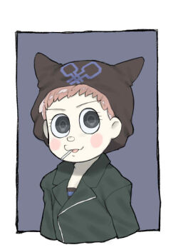 Rule 34 | 1girl, beanie, black eyes, black hat, black jacket, black shirt, blue background, blue shirt, blush stickers, border, brown hair, cigarette, collared jacket, commentary request, cropped torso, danganronpa (series), danganronpa v3: killing harmony, eyelashes, fake horns, genderswap, genderswap (mtf), happy, hat, horned headwear, horns, hoshi ryoma, jacket, lapels, leather, leather jacket, long sleeves, mouth hold, notched lapels, open mouth, outside border, print headwear, shirt, short hair, smile, solo, striped clothes, striped shirt, tappo (gemori), two-tone shirt, very short hair, white border, zipper