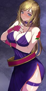 Rule 34 | 1girl, b. jenet, belt, blonde hair, blue eyes, blush, bracelet, breasts, choker, cleavage, collarbone, dress, fatal fury, fatal fury: city of the wolves, fingerless gloves, garou: mark of the wolves, gloves, gold bracelet, highres, jewelry, large breasts, legs, long hair, looking at viewer, nail polish, purple dress, rokuba, rokubanana, smile, snk, solo, tattoo, the king of fighters, thigh strap, thighs