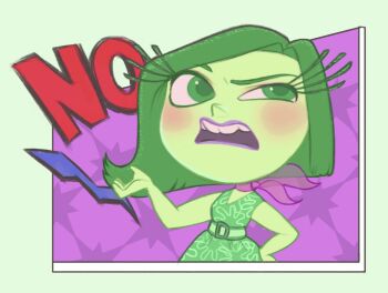1girl breasts colored_skin disgust_(inside_out) dress green_dress green_eyes green_hair green_skin inside_out looking_at_viewer open_mouth ri_ri_ri2 short_hair simple_background toon_(style) white_background