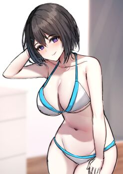 Rule 34 | 1girl, aqua bikini, bare arms, bikini, black hair, blurry, blurry background, blush, breasts, chest of drawers, cleavage, closed mouth, collarbone, commentary request, curvy, hair ornament, hairclip, highres, indoors, large breasts, liya, long hair, looking at viewer, multicolored bikini, navel, original, purple eyes, short hair, smile, solo, standing, swimsuit, two-tone bikini, unfinished, white bikini, wooden floor