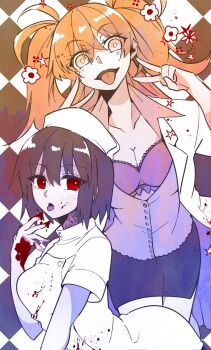 2girls alternate_costume blood blood_on_clothes blood_on_face blush bra breasts ciel_(tsukihime) cleavage commentary_request double_v dr._arach facing_viewer flower hair_between_eyes hat highres huge_breasts lab_coat live_unyanya long_hair looking_at_viewer michael_roa_valdamjong multiple_girls nurse nurse_cap open_mouth possessed red_eyes roa-ciel short_hair skirt smile sparkle tongue tongue_out tsukihime tsukihime_(remake) two_side_up underwear v vampire