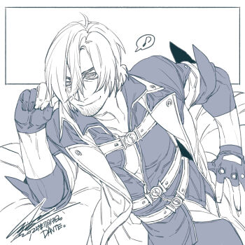 1boy belt character_name chest_strap dante_(devil_may_cry) dated devil_may_cry devil_may_cry_(series) devil_may_cry_4 facial_hair gloves greyscale hair_between_eyes hand_on_own_hip hiryuu_(kugelcruor) looking_at_viewer male_focus monochrome multiple_belts musical_note partially_fingerless_gloves pectorals short_hair signature smile solo spoken_musical_note upper_body white_background