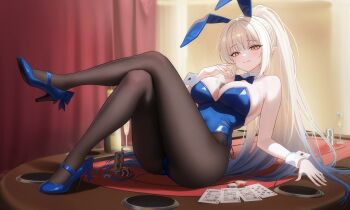 1girl absurdres animal_ears armpit_crease ass bare_shoulders between_breasts blue_hair blue_leotard blue_sandals bow bowtie breasts brown_pantyhose card chaperina_philosys cleavage closed_mouth commentary_request commission detached_collar elf fake_animal_ears gradient_hair hand_up high_heel_sandals high_heels highleg highleg_leotard highres knees_up korean_commentary large_breasts leg_up leotard long_hair looking_at_viewer multicolored_hair mumu_muw object_on_breast on_table original pantyhose playboy_bunny playing_card pointy_ears poker_chip poker_table ponytail rabbit_ears sandals second-party_source side-tie_leotard sitting smile solo strapless strapless_leotard table very_long_hair white_hair wrist_cuffs yellow_eyes