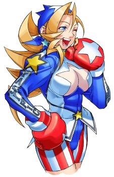 Rule 34 | 1girl, :d, absurdres, ahoge, american flag, american flag print, bandana, boxing gloves, breasts, cleavage, clothing cutout, cropped legs, curly hair, earrings, edaki shin'ya, flag print, from side, game cg, hand on own hip, hand up, highres, jewelry, justice gakuen, large breasts, leotard, moero! justice gakuen, non-web source, official art, one eye closed, open mouth, ponytail, simple background, sleeved leotard, smile, solo, standing, star (symbol), star cutout, star earrings, teeth, tiffany lords, white background