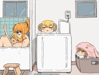 1boy 4girls :d animated animated_gif bathtub blanket blinking blonde_hair blue_bow blush blush_stickers bow breasts clenched_hand closed_eyes closed_mouth commentary_request cookie_(touhou) dual_persona expressionless genderswap genderswap_(ftm) hair_bow hakurei_reimu high_ponytail human_head indoors kirisame_marisa kyuuden large_breasts laundry_basket long_hair looking_at_another looping_animation mars_(cookie) multiple_girls open_mouth plug ponytail red_bow rei_(cookie) sananana_(cookie) shared_bathing sheep short_hair smile soap_bubbles spinning stool suzu_(cookie) touhou trap upper_body washing_machine window