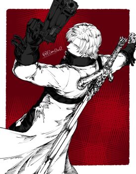 1boy bishounen black_gloves blue_eyes coat dante_(devil_may_cry) devil_may_cry devil_may_cry_(series) devil_may_cry_2 ebony_&amp;_ivory gloves gun hair_over_one_eye holding holding_weapon jacket looking_at_viewer male_focus pom0w0 rebellion_(sword) red_coat simple_background solo sword weapon weapon_on_back white_hair