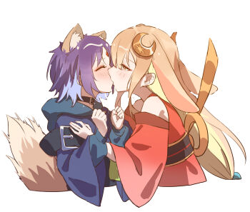 Rule 34 | 2girls, @ @, absurdres, animal ear fluff, animal ears, black choker, blonde hair, blue hoodie, blush, cho kaguya-hime!, choker, closed eyes, commentary request, crescent, crescent hair ornament, forehead jewel, fox ears, fox girl, fox tail, hair ornament, half-closed eyes, hand on another's chest, hands up, highres, hood, hoodie, japanese clothes, kaguya (cho kaguya-hime!), kimono, kiss, long hair, long sleeves, looking at another, lop rabbit ears, multiple girls, parted bangs, profile, purple hair, rabbit ears, red kimono, sakayori iroha, short hair, tail, tianqiyubao euc, upper body, white background, yuri