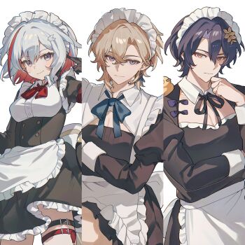 1girl 2boys abs alternate_costume apron aventurine_(honkai:_star_rail) blonde_hair blue_eyes breasts colored_inner_hair commentary_request dr._ratio_(honkai:_star_rail) enmaided highres honkai:_star_rail honkai_(series) large_breasts looking_at_viewer maid maid_apron maid_headdress multicolored_eyes multicolored_hair multiple_boys nanyi46293 purple_eyes purple_hair red_eyes red_hair short_hair thigh_strap topaz_(honkai:_star_rail) white_hair