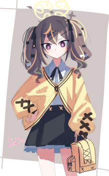 1girl bag black_bow black_ribbon black_skirt blue_archive bow bright_pupils brown_hair cardigan closed_mouth collared_shirt fumino5jyo hair_between_eyes hair_bow hair_ornament hair_ribbon hairclip halo hand_on_own_hip highres holding holding_bag long_hair long_sleeves looking_at_viewer multicolored_hair neck_ribbon pleated_skirt puffy_long_sleeves puffy_sleeves purple_eyes rena_(blue_archive) ribbon shirt sketch skirt solo streaked_hair twintails white_pupils white_shirt x_hair_ornament yellow_cardigan yellow_halo
