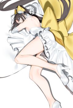 1girl backless_dress backless_outfit blue_eyes bridal_gauntlets dress fate/grand_order fate_(series) high_heels highres kara_no_kyoukai long_hair lying moon_rabbit mystic_eyes_of_death_perception on_side ribbon ryougi_shiki ryougi_shiki_(swimsuit_mooncancer)_(third_ascension) trick1601 wedding_dress white_bridal_gauntlets white_dress yellow_ribbon