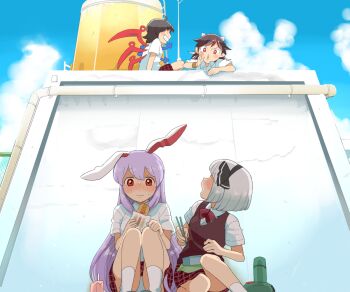 4girls ^_^ ahoge alternate_costume animal_ears asymmetrical_wings bento black_hair blush caught chopsticks closed_eyes commentary_request cone_horns contemporary grey_hair grin holding holding_chopsticks horns houjuu_nue implied_yuri kijin_seija konpaku_youmu koyama_shigeru long_hair looking_at_another mismatched_wings multicolored_hair multiple_girls multiple_wings nervous_sweating nose_blush panties pantyshot profile purple_hair rabbit_ears rabbit_girl red_hair red_skirt reisen_udongein_inaba rooftop school_uniform shirt short_hair short_sleeves sitting skirt smile socks straight_hair streaked_hair sweat touhou tumbler two-tone_hair underwear very_long_hair water_tank white_panties white_shirt white_socks wings yakisobapan