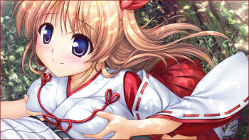 1boy 1girl bekkankou blush breast_press breasts brown_hair closed_mouth daitoshokan_no_hitsujikai grabbing_own_breast hetero japanese_clothes large_breasts long_hair miko outdoors purple_eyes ribbon-trimmed_sleeves ribbon_trim shirasaki_tsugumi smile solo_focus wide_sleeves