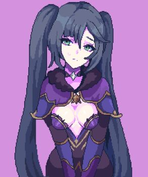 1girl black_bodysuit black_hair bodysuit breasts breasts_apart choker cleavage_cutout closed_mouth clothing_cutout commentary cowboy_shot genshin_impact green_eyes hair_between_eyes hashtag-only_commentary highres long_hair long_sleeves looking_at_viewer mona_(genshin_impact) multicolored_bodysuit parted_bangs pixel_art pixelcadete purple_background purple_bodysuit purple_choker simple_background small_breasts small_sweatdrop solo twintails two-tone_bodysuit