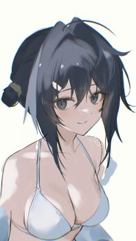1girl 2naom8q6gt87292 arknights bare_shoulders bikini black_eyes black_hair breasts cleavage closed_mouth commentary hair_between_eyes highres la_pluma_(arknights) la_pluma_(summer_flowers)_(arknights) medium_breasts official_alternate_costume short_hair_with_long_locks simple_background smile solo swimsuit upper_body white_background white_bikini