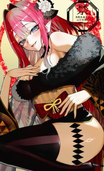 1girl baobhan_sith_(fate) bare_shoulders black_kimono black_thighhighs blush breasts cleavage commentary_request detached_collar fate/grand_order fate_(series) flower grey_eyes hair_flower hair_intakes hair_ornament high_heels highres japanese_clothes kabosoi_mangaka kimono large_breasts long_hair long_sleeves looking_at_viewer obi off_shoulder open_mouth pink_hair pointy_ears sash sidelocks smile solo thighhighs thighs wide_sleeves