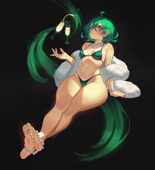 1girl :/ absurdres ahoge alcohol arm_support bare_legs bare_shoulders barefoot bikini black_background blush bracelet breasts champagne champagne_flute closed_mouth commentary crossed_ankles cup curvy double-parted_bangs drinking_glass english_commentary feather_boa feet fingernails full_body green_background green_bikini green_eyes green_hair green_nails hair_between_eyes highleg highleg_bikini highres jewelry legs long_legs looking_at_viewer medium_breasts nail_polish navel necklace one-punch_man pearl_bracelet pearl_necklace roxy_thefoxy shiny_skin short_hair soles solo swimsuit tatsumaki telekinesis thong thong_bikini toenail_polish toenails toes two-tone_background wide_hips