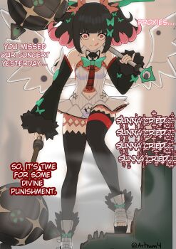 Rule 34 | angel wings, artrum4, bare shoulders, black hair, black thighhighs, colored inner hair, commentary, detached sleeves, dress, english commentary, english text, green halo, halo, highres, holding, holding mace, holding weapon, licking lips, looking at viewer, mace, multicolored hair, nangong yu, pink hair, red eyes, short hair, short twintails, smile, thighhighs, tongue, tongue out, twintails, twitter username, weapon, white dress, wings, zenless zone zero