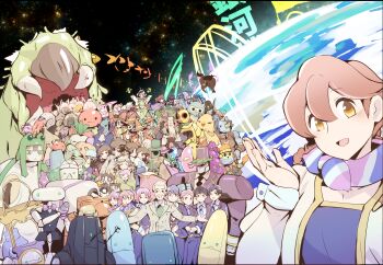 :d absolutely_everyone absurdres alien android apocalypse_hotel brown_hair bunbuku_procione captain_avior chef_robot_(apocalypse_hotel) doctor_becrux doorman_robot_(apocalypse_hotel) everyone family flycatcher_robot fuguri_procione grey_hair hand_up harmy_(apocalypse_hotel) highres hug iori_(apocalypse_hotel) kankyou_check_robo long_sleeves mami_procione mighty_cuff mujina_procione_(apocalypse_hotel) open_mouth owner_(apocalypse_hotel) pink_hair planet ponko_procione ponstin_(apocalypse_hotel) riri_(dgra3272) scarf smile space striped_clothes striped_scarf tamako_procione yachiyo_(apocalypse_hotel)