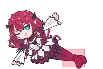 1girl bare_shoulders black_pantyhose blue_eyes chibi dress fighting_game full_body hitbox hololive hololive_english irys_(hololive) irys_(irys_2.0)_(hololive) kicking multicolored_hair one_eye_closed oscar_get pantyhose purple_hair red_hair simple_background solo two-tone_hair virtual_youtuber white_background white_dress