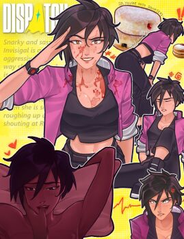 1girl anger_vein black_hair black_pants blush brown_eyes closed_eyes commentary copyright_name cropped_jacket derkdrew124 dispatch donut ear_piercing english_commentary english_text food grin hair_between_eyes hand_in_another&#039;s_mouth heart implied_sex invisigal jacket lips looking_at_viewer midriff nude pants piercing pink_jacket short_hair smile yellow_background