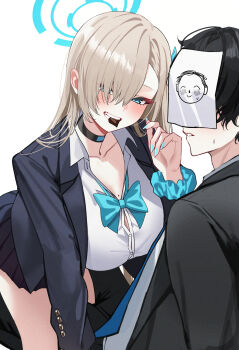 Rule 34 | 1boy, 1girl, absurdres, asuna (blue archive), asuna (school uniform) (blue archive), black hair, black jacket, black skirt, blonde hair, blue archive, blue bow, blue bowtie, blue eyes, blue halo, blush, bow, bowtie, breasts, chocolate, choker, cleavage, collarbone, commentary, doodle sensei (blue archive), grin, hair over one eye, halo, highres, jacket, large breasts, long hair, looking at viewer, mango (mango0208), mole, mole on breast, open clothes, open jacket, pleated skirt, scrunchie, sensei (blue archive), short hair, skirt, smile, thighs, untranslatable commentary, very long hair, wrist scrunchie