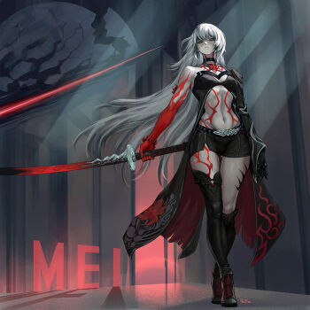 1girl acheron_(honkai:_star_rail) asymmetrical_legwear breasts choker colored_skin cracked_skin crop_top english_text full_body holding holding_sword holding_weapon honkai:_star_rail honkai_(series) iricity long_hair midriff navel red_eyes red_skin single_bare_shoulder strap sword tailcoat very_long_hair weapon white_hair