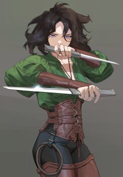 Rule 34 | 1girl, absurdres, arms up, belt, black hair, black pants, blue eyes, brown corset, brown thighhighs, collarbone, corset, cowboy shot, dual wielding, forehead, glint, green background, green shirt, hands up, highres, holding, holding sword, holding weapon, jewelry, juliet sleeves, legs together, long sleeves, looking at viewer, medium hair, mole, mole under eye, necklace, ori dal, original, pants, parted bangs, puffy sleeves, rope, shadow, shirt, simple background, solo, sword, thighhighs, weapon