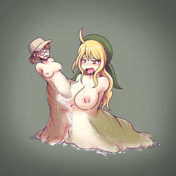 2girls blonde_hair blush brown_hair fio_germi glasses hat highres inksgirls kasamoto_eri lactation long_hair metal_slug monster_girl monsterification multiple_girls nipples no_arms open_mouth ponytail short_hair slug_girl what yuri