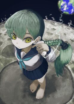 1girl aqua_neckerchief barefoot blue_sailor_collar blue_skirt braid braided_ponytail closed_mouth earth_(planet) green_eyes green_hair highres long_sleeves neckerchief on_moon original planet pleated_skirt sabashime_botan sailor_collar school_uniform serafuku shirt single_braid skirt solo standing string_phone white_shirt