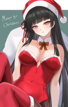 Rule 34 | 1girl, absurdres, alternate costume, bare shoulders, black hair, black pantyhose, bow, bowtie, breasts, chisa (wuthering waves), cleavage, commentary, covered navel, detached collar, fur-trimmed leotard, fur-trimmed thighhighs, fur trim, hair ribbon, hat, highres, large breasts, leotard, light blush, long hair, looking at viewer, merry christmas, mole, mole under eye, pantyhose, parted lips, red bow, red bowtie, red leotard, red ribbon, red thighhighs, ribbon, santa hat, solo, strapless, strapless leotard, symbol-only commentary, thighhighs, twomoon, very long hair, wuthering waves