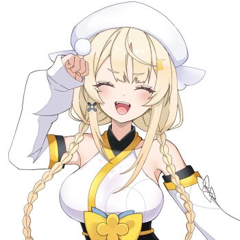 1girl arm_up bare_shoulders blonde_hair blue_bow blush bow braid breasts clenched_hand closed_eyes commentary detached_sleeves fangs hair_ornament hair_over_shoulder hat headset highres japanese_clothes kadou_mikaru keikesu kimono large_breasts lightning_bolt lightning_bolt_hair_ornament lightning_bolt_symbol long_sleeves low_twin_braids nail_polish nijisanji no_horns no_jacket obi obi_bow obijime open_mouth pom_pom_(clothes) pom_pom_hair_ornament puffy_long_sleeves puffy_sleeves sash sidelocks simple_background solo symbol-only_commentary twin_braids upper_body v-shaped_eyebrows virtual_youtuber white_background white_bow white_hat white_kimono x_hair_ornament yellow_bow yellow_nails