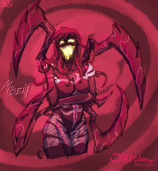 1girl alien arm_under_breasts arthropod_limbs artist_name bodysuit breasts character_name claws colored_skin commentary cropped_legs dated english_commentary english_text fangs glowing glowing_eyes glowing_mouth living_clothes long_hair marvel medium_breasts misery_(marvel) monster_girl multicolored_bodysuit open_mouth patreon_username patterned_skin red_background red_bodysuit red_skin science_fiction sharp_teeth sketch skin_fangs slime_girl smutbase solo spider-man_(series) spiral_background superhero_costume symbiote teeth tentacle_hair tentacles two-tone_bodysuit white_bodysuit white_skin yellow_eyes