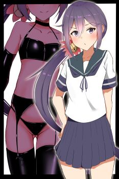 Rule 34 | 1girl, akebono (kancolle), blue sailor collar, blue skirt, bondage outfit, breasts, dominatrix, dual persona, elbow gloves, garter belt, garter straps, gloves, hand on own hip, highres, kantai collection, katsuten, long hair, low ponytail, navel, ponytail, purple eyes, purple hair, sailor collar, shiny clothes, skirt, small breasts, smile, thighhighs, very long hair