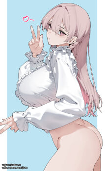 1girl ass blue_background blush bottomless breasts center_frills closed_mouth commentary dimples_of_venus expressionless fanbox_username fingernails frilled_shirt frills hair_between_eyes hair_intakes heart highres huge_breasts jjune long_hair long_sleeves looking_at_viewer nail_polish original patreon_username pillarboxed pink_eyes pink_hair pink_nails shirt sleeves_past_wrists solo thighs w white_shirt