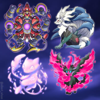 albrt-wlson aqua_sclera closed_mouth colored_sclera commentary commission debris ditto english_commentary extra_arms extra_tails fangs fire full_body fusion galarian_form galarian_moltres gen_1_pokemon gen_4_pokemon gen_6_pokemon gen_7_pokemon gen_8_pokemon glowing glowing_eyes highres hoopa hoopa_(unbound) horns instagram_username leafeon legendary_pokemon mew_(pokemon) mythical_pokemon ninetales nintendo pink_fire pokemon pokemon_(creature) pokemon_focus portal_(object) rayman_limbs red_sclera silvally tapu_bulu v-shaped_eyes white_eyes