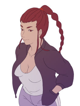 1girl breasts closed_mouth devilman devilman_crybaby eyebrows female_focus highres jacket kuroda_miki long_hair matching_hair/eyes navel pants ponytail red_eyes red_hair sheer shirt simple_background smile solo white_background white_shirt